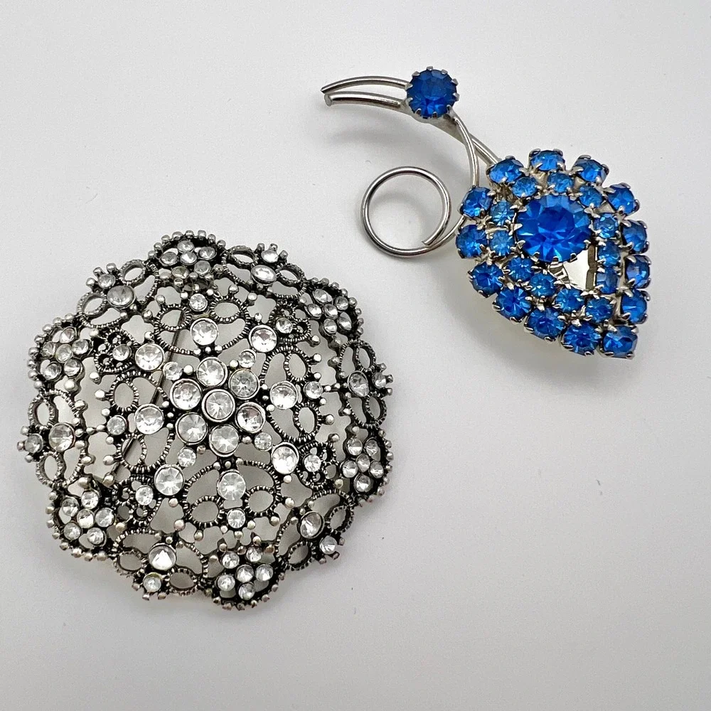 2pc Vintage Silver Tone Rhinestone Brooch Lot Blue Cobalt Clear Filigree Pins